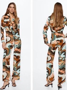 Mango Retro Swirl Print Long-Sleeve Jumpsuit in Brown, Teal & Cream size Large